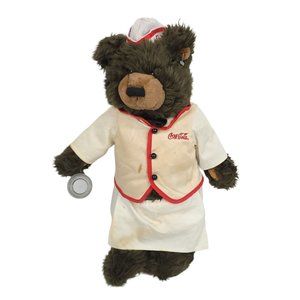 Vtg 1995 Coca Cola Bear Plush Soda Fountain Jerk Stuffed Animal Toy Brown White